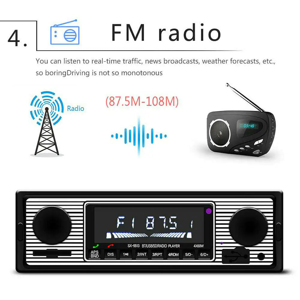 Bluetooth Vintage Car FM Radio MP3 Player USB Classic Stereo Audio Receiver AUX