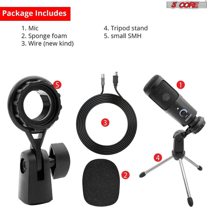 5Core Recording Microphone Podcast Bundle w Condenser Mic  Desk Stand  Foam Cover  Shock Mount