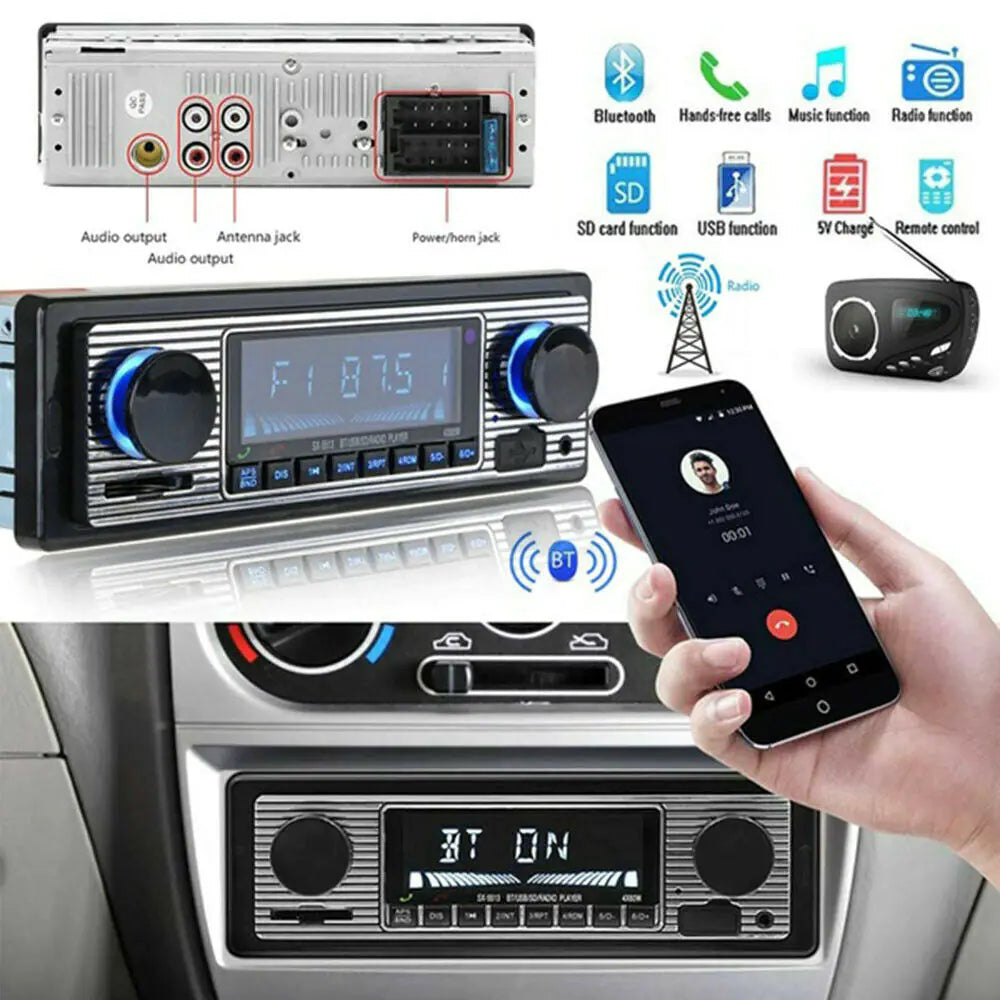 Bluetooth Vintage Car FM Radio MP3 Player USB Classic Stereo Audio Receiver AUX